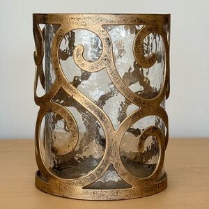 Elegant Brass & Glass Scrollwork Candle Holder  LWH 5.25 x 5.25 x 6.5”